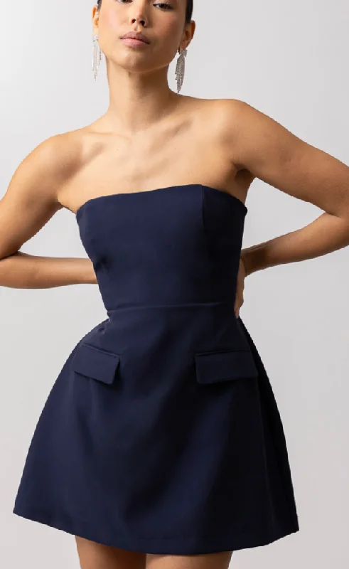 Blue Strapless Mini Dress by Line and Dot Trendy Off-Shoulder Dress Mini