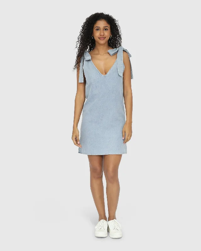 Burning Love Tie Shoulder Mini Dress - Stonewash Chic Halter Mini Dress