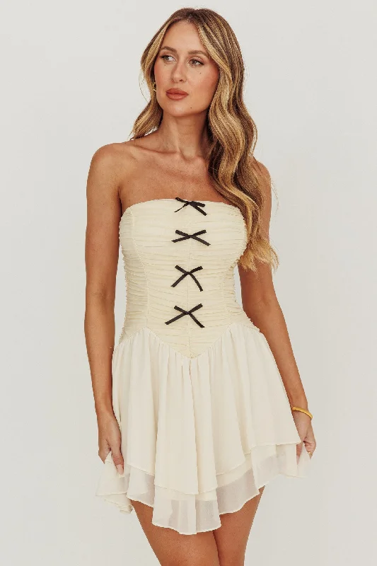 Cherry Lips Strapless Chiffon Mini Dress Cream Elegant Sequin Mini Dress
