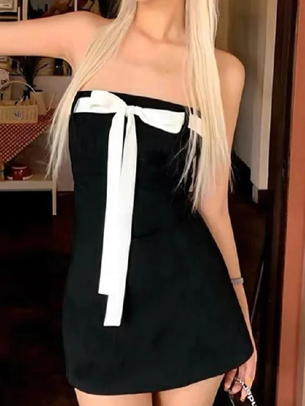 Contrast Color Lace Up Strapless Mini Dress Cozy Sweater Mini Dress