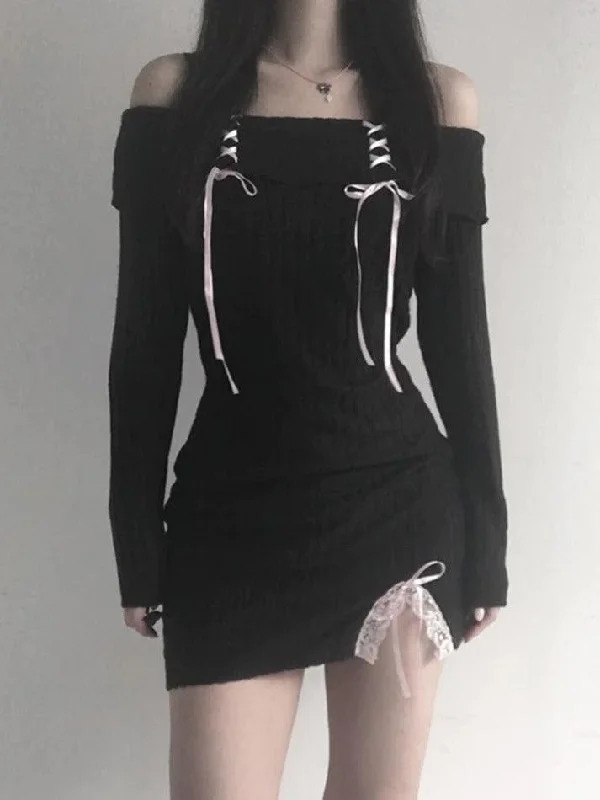 Contrast Tie Up Bow Off Shoulder Slit Knit Mini Dress Elegant Off-Shoulder Dress Mini