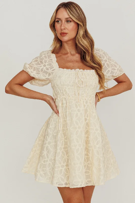 Dandelions Puff Sleeves A-Line Mini Dress Cream Elegant Floral-Print Mini Dress