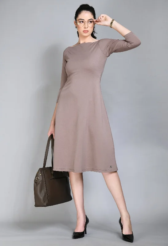 Camel Beige Cotton Blend Dignity Boat Neck A-Line Dress