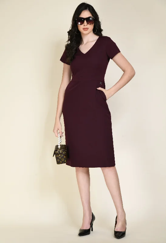 Wine Cotton Blend Composure Sheath Dress