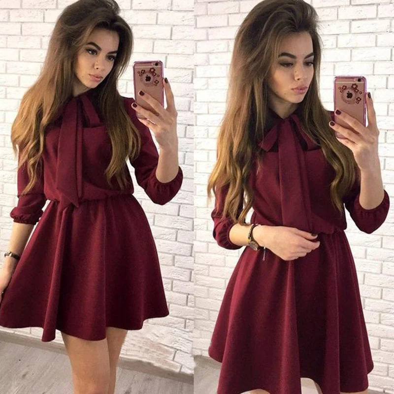Fall Dress 2018 Women New Arrival Fashion Solid Bow Causal Mini Dress Autumn Elegant Vintage Christmas Party Dresses Plus Size Cozy Cowl Neck Mini Dress