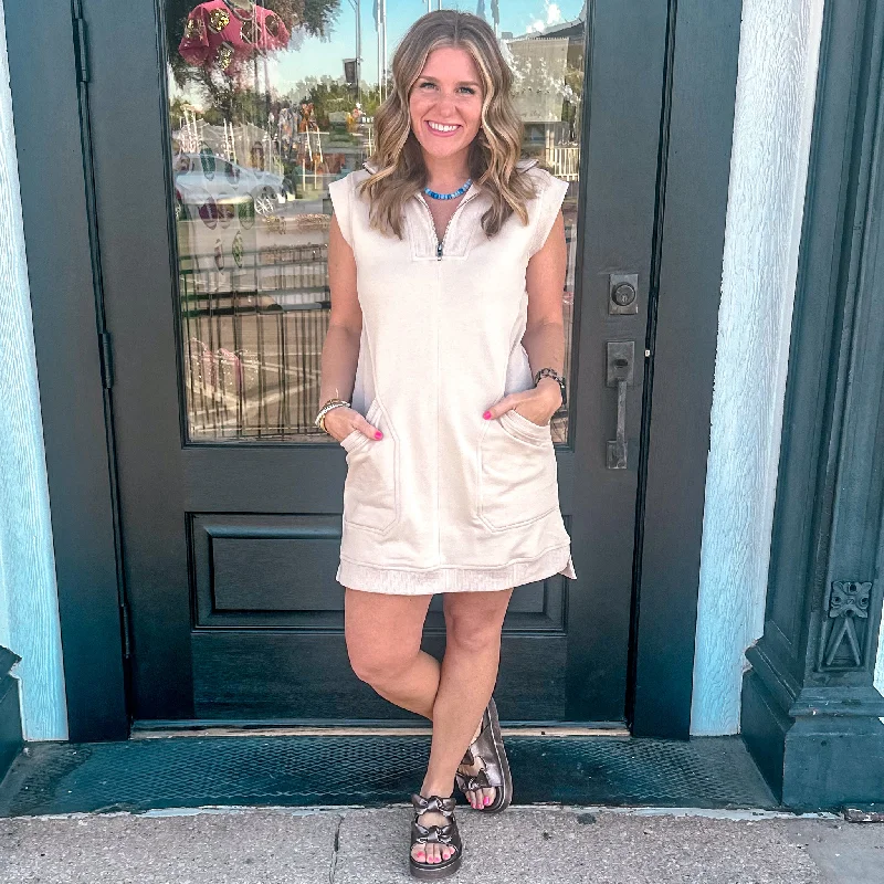 Fall Into Me Mini Dress - Oat Casual V-Neck Mini Dress