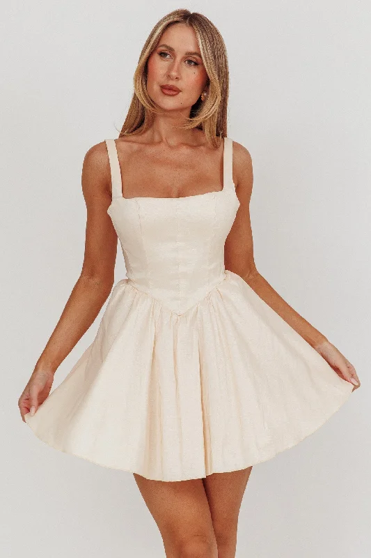 Found You Square Neck Flared Mini Dress Cream Chic Pleated Mini Dress