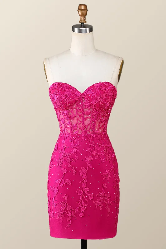 Hot Pink Lace Appliques Tight Mini Dress Elegant Velvet Mini Dress