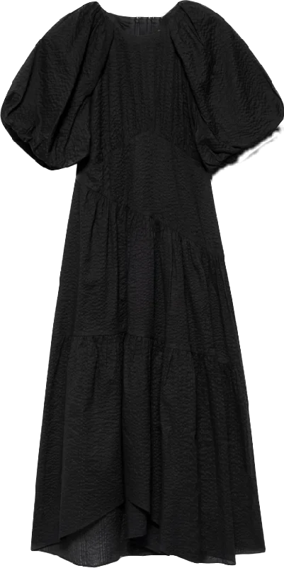 Gathered Seam Puff Sleeve Dress in Noir