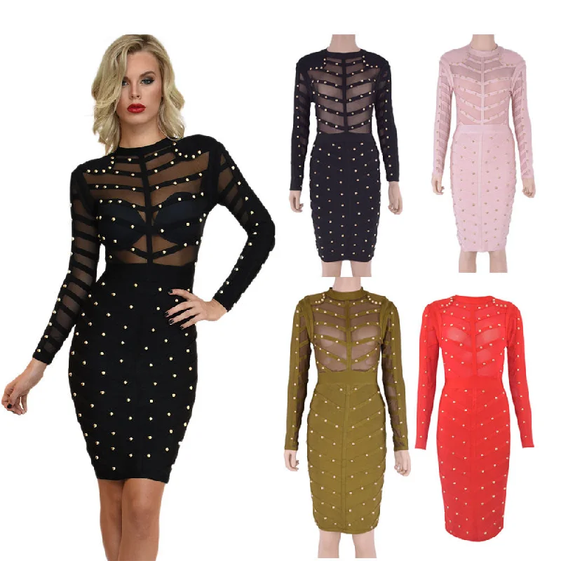 high-quality celebrity bandage  long-sleeved beaded dress CODE: mon58