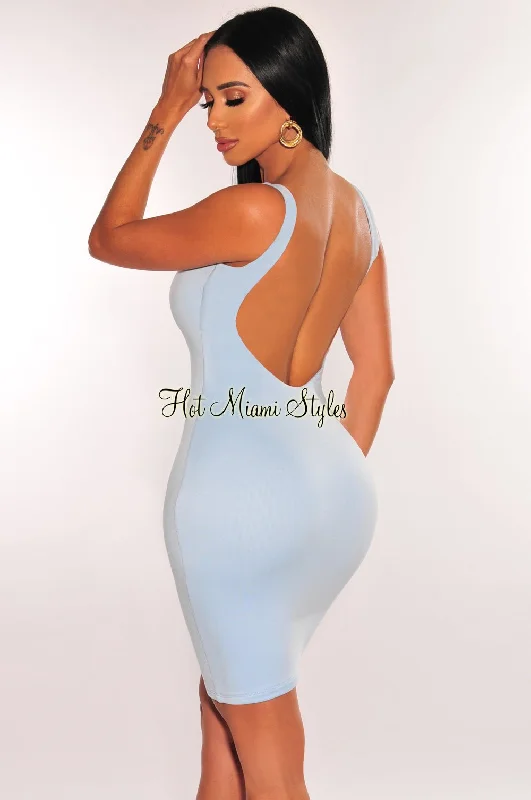 HMS Essential: Baby Blue Sleeveless Round Neck Scoop Back Mini Dress Trendy Cut-Out Mini Dress