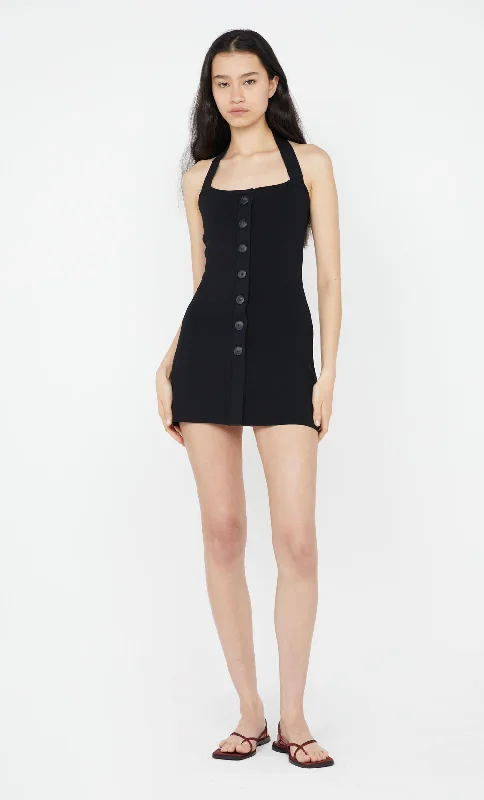 ILORA KNIT HALTER MINI DRESS - BLACK Chic Mini Dress with V-Neck