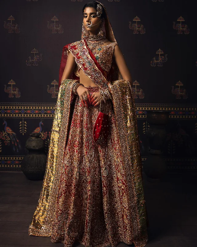 Indian Red Bridal Lehenga with Choli and Dupatta Dress