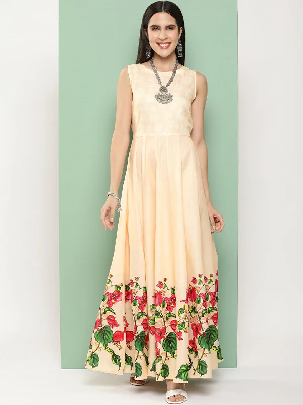 Jashvi Beige Printed Long Dress With Waist Belt