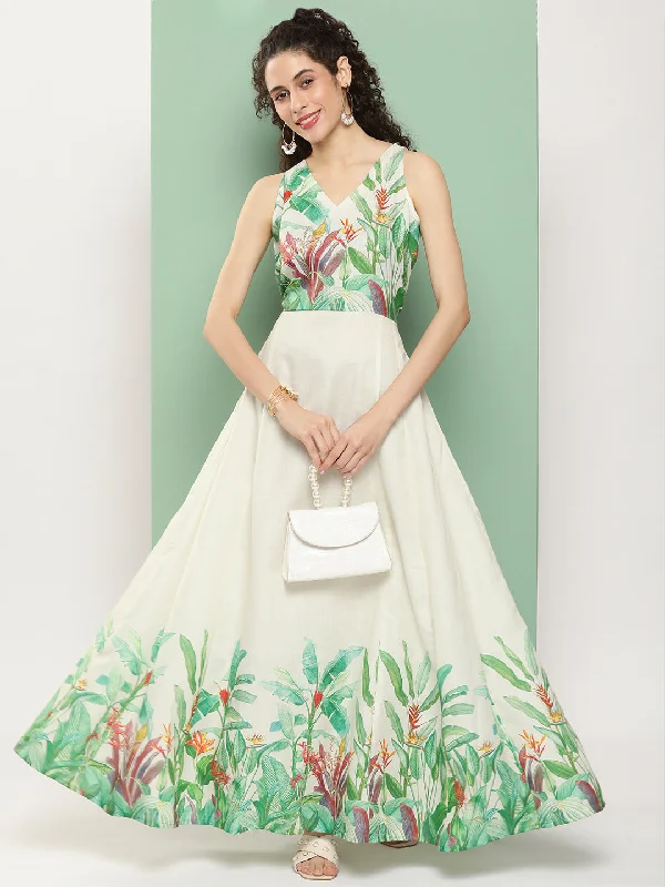 Jashvi Beige Printed Long Dress With Waist Belt
