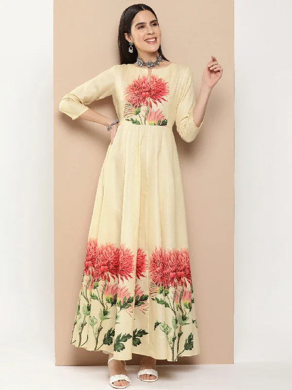 Jashvi Beige Printed Long Dress With Waist Belt