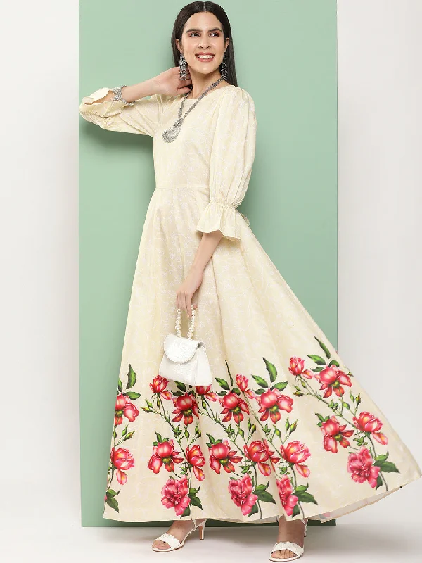 Jashvi Beige Printed Long Dress With Waist Belt