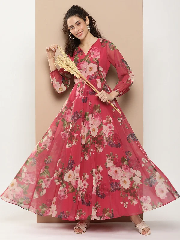 Jashvi Fuchsia Printed Long Dress With Waist Belt
