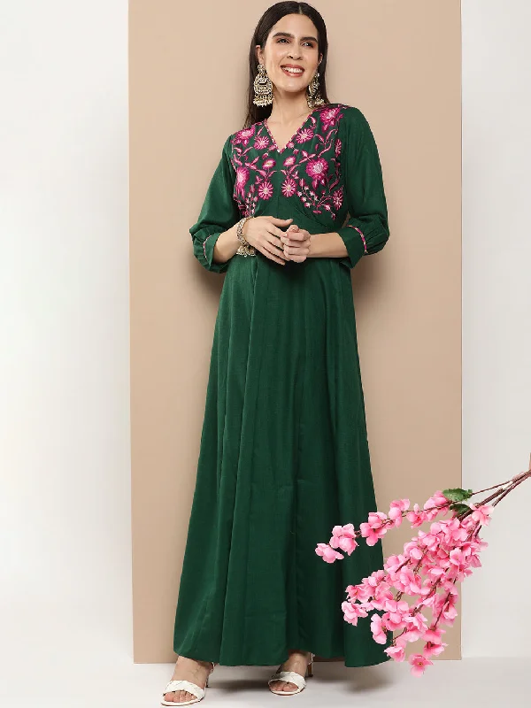 Jashvi Green Embroidered Long Dress With Waist Belt
