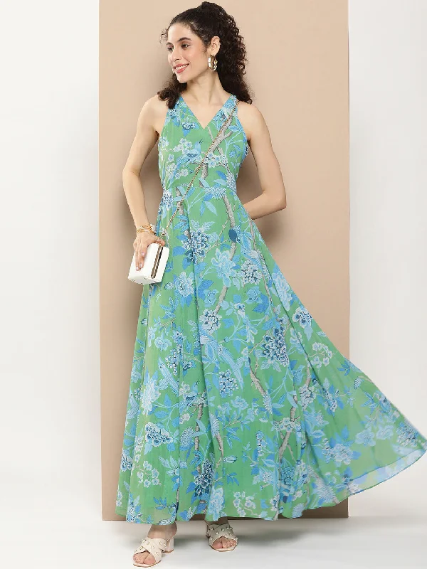 Jashvi Green Printed Long Dress With Waist Belt