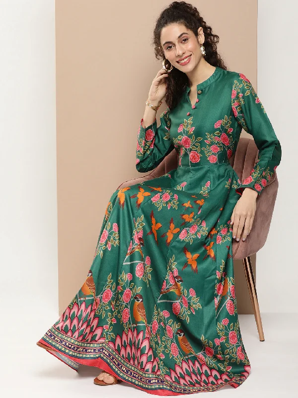 Jashvi Green Printed Long Dress With Waist Belt
