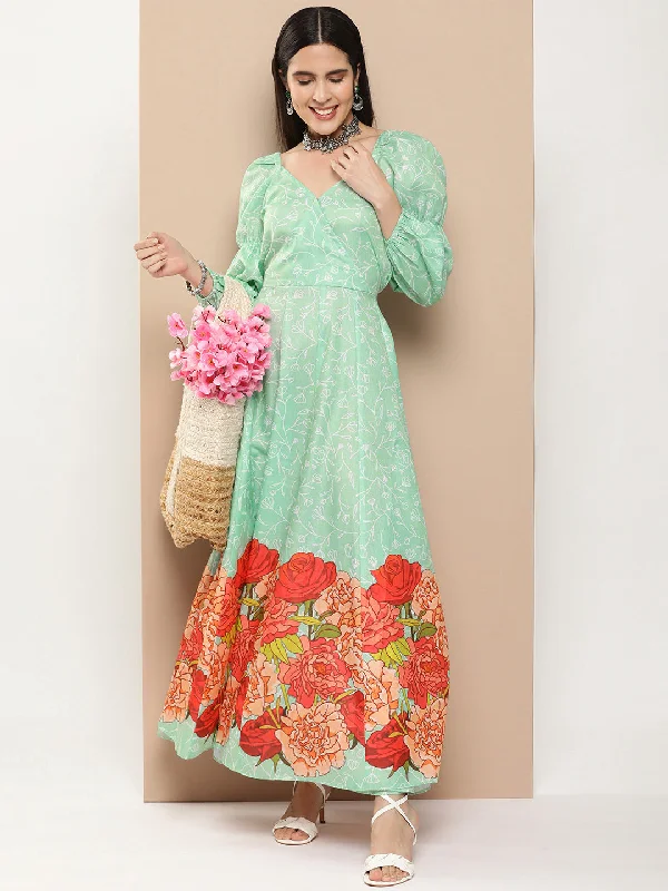 Jashvi Green Printed Long Dress With Waist Belt