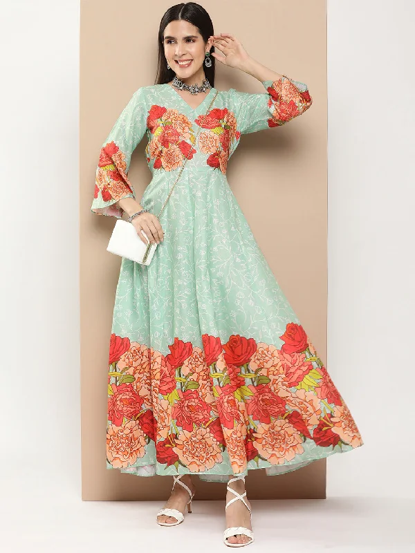 Jashvi Green Printed Long Dress With Waist Belt