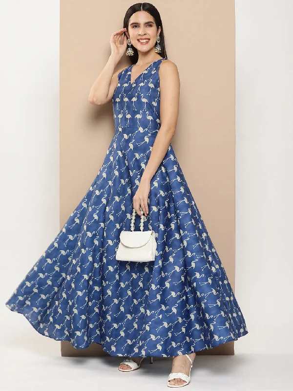 Jashvi Navy Blue Printed Long Dress With Waist Belt