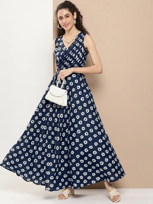 Jashvi Navy Blue Printed Long Dress With Waist Belt