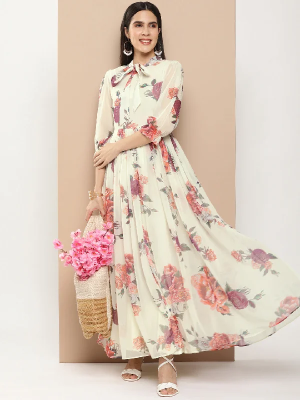 Jashvi Off White Printed Long Dress With Waist Belt
