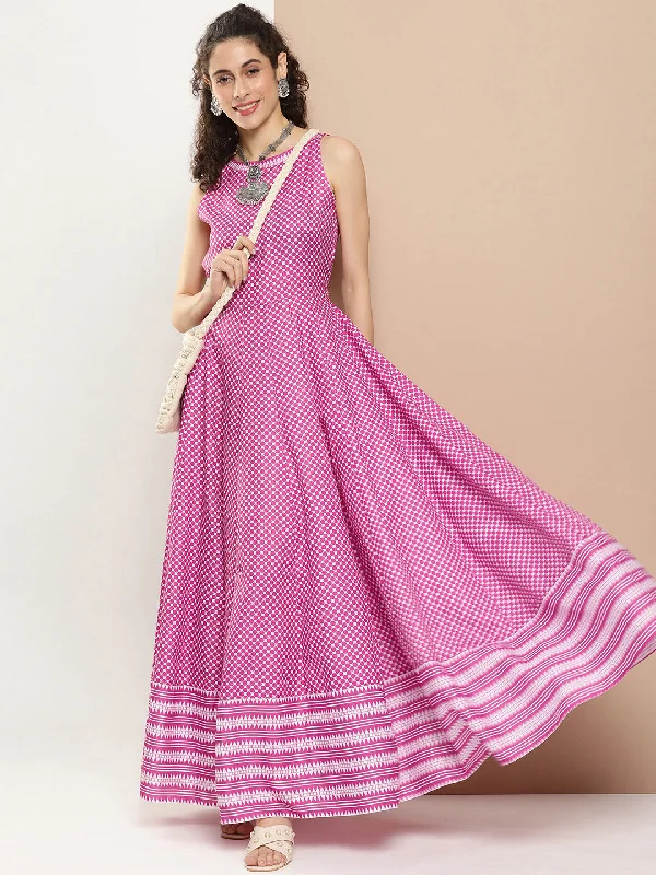 Jashvi Pink Polka Dots Long Dress With Waist Belt