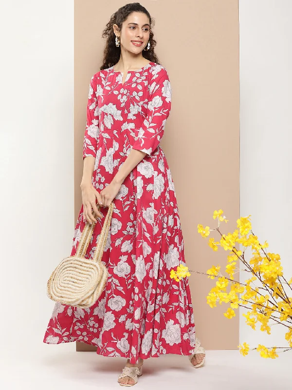 Jashvi Pink Printed Long Dress With Waist Belt