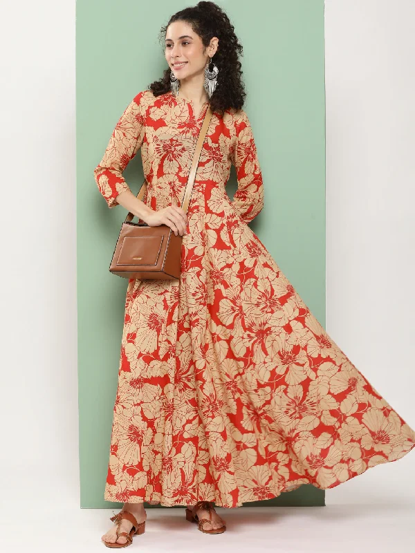 Jashvi Red Printed Long Dress With Waist Belt