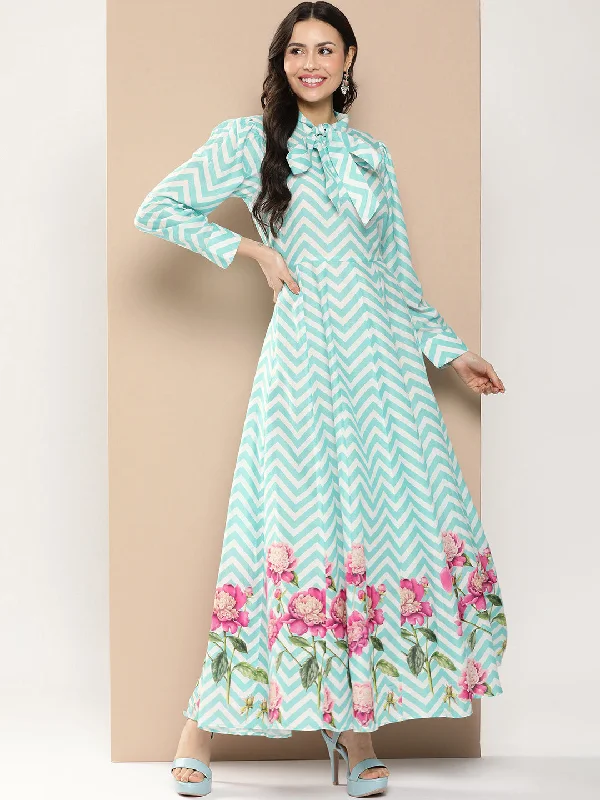 Jashvi Turquoise Blue Printed Long Dress With Tie-Up Neck