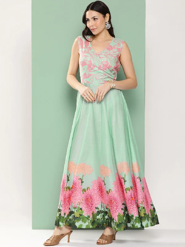 Jashvi Turquoise Blue Printed Long Dress With V-Neck