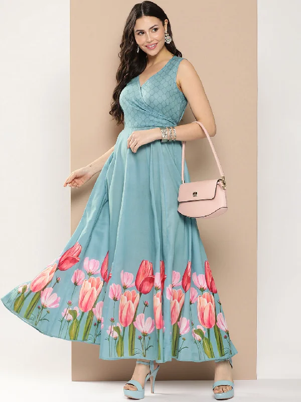 Jashvi Turquoise Blue Printed Long Dress With V-Neck