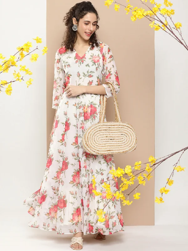 Jashvi White Printed Long Dress With Waist Belt