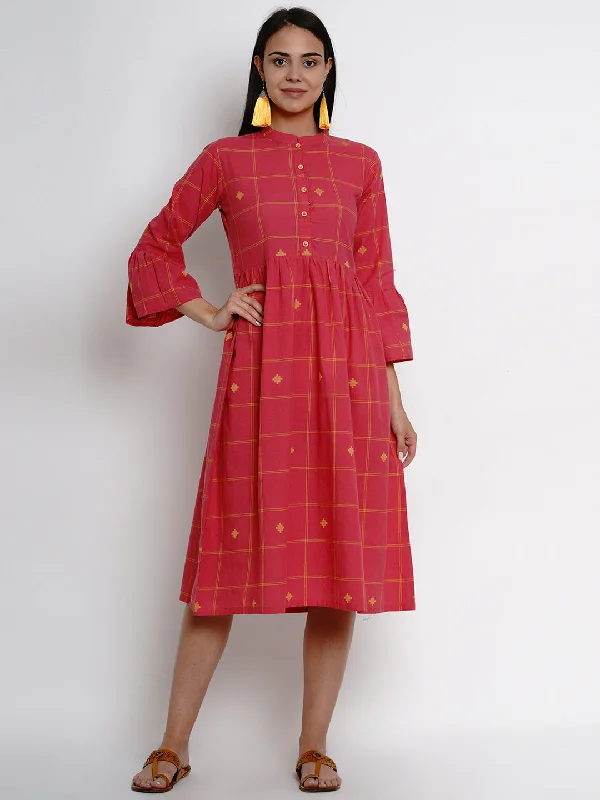Jashvi Women Pink Yellow Plaid A-Line Gathers Detailed Ethnic Dress