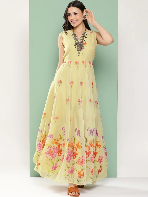 Jashvi Yellow Printed Long Dress V-Neck With Lace Details