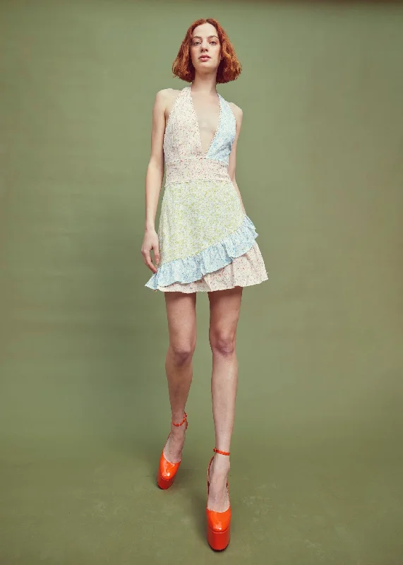 Josie Halterneck Mini Dress - Floral Colour Elegant Mini Dress with Ruffles