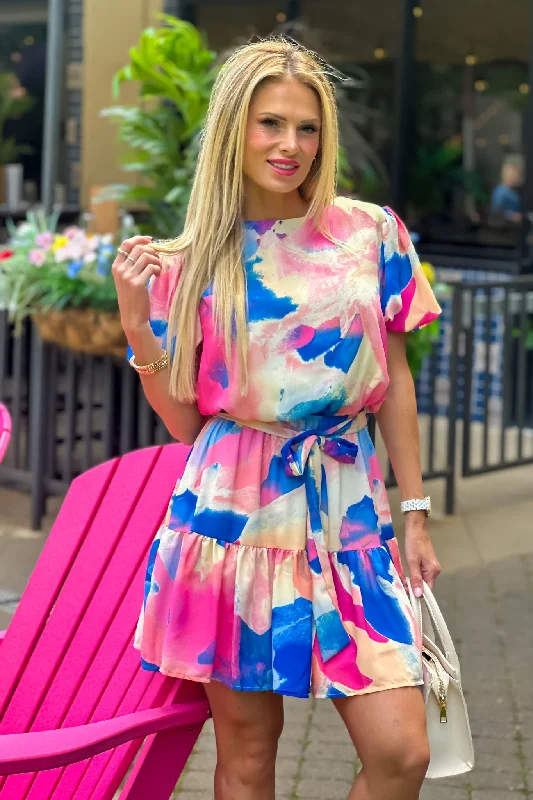 Kandi Printed Woven Mini Dress : Blue Pink Fashionable Polka Dot Mini Dress