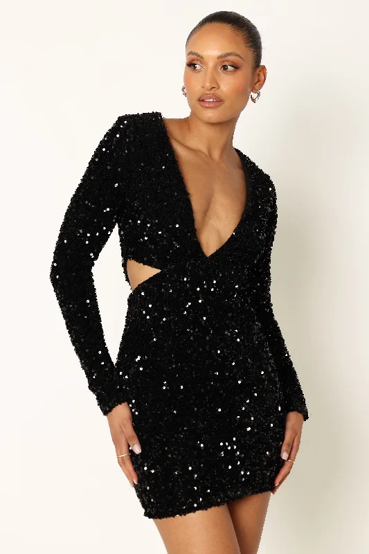 Kelly Long Sleeve Sequin Mini Dress - Black Fashionable Mini Dress with Pockets