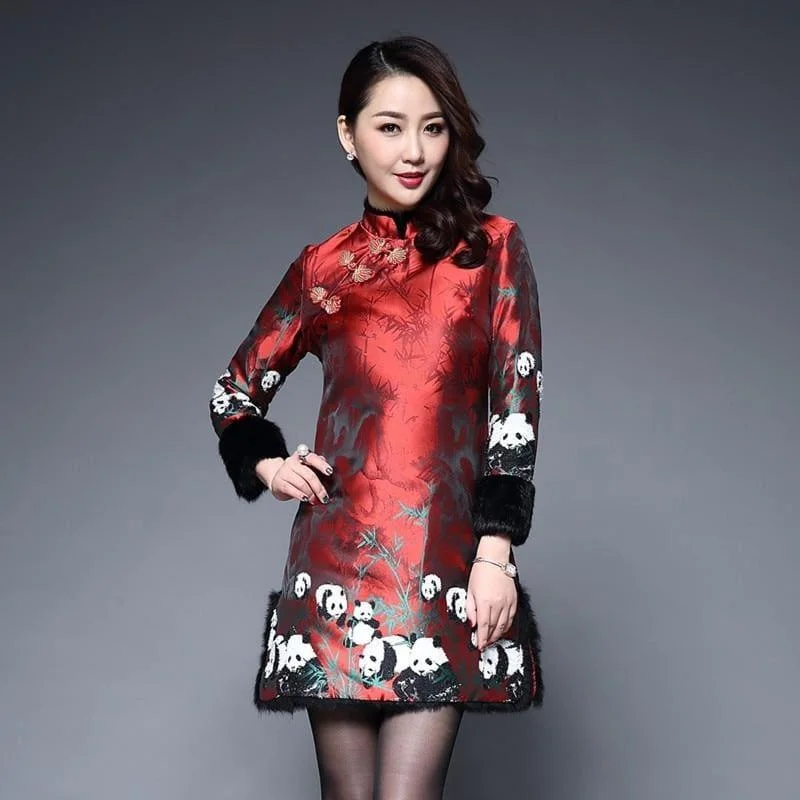 Long Sleeve Winter Qipao Satin Cheongsam Cotton Red Chinese Traditional Mini Dress Classic White Mini Dress