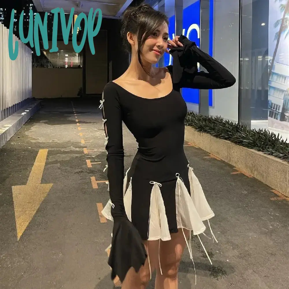 Lunivop Women Hotsweet Kawaii Long Sleeve Bodycon A-line Mini Dress 90s Vintage Cute Bow Pleated Dress Korean Y2K 00s Retro Streetwear Elegant Vintage Mini Dress