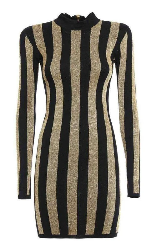 Lurex Gold Black Striped Pattern Mini Dress Comfortable Fit-and-Flare Mini Dress