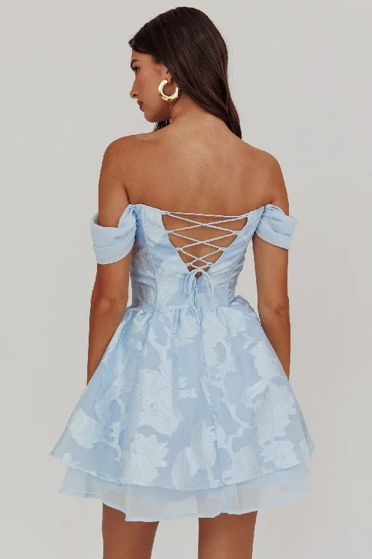 Lusting Off-Shoulder Mini Dress Blue Chic Pleated Mini Dress