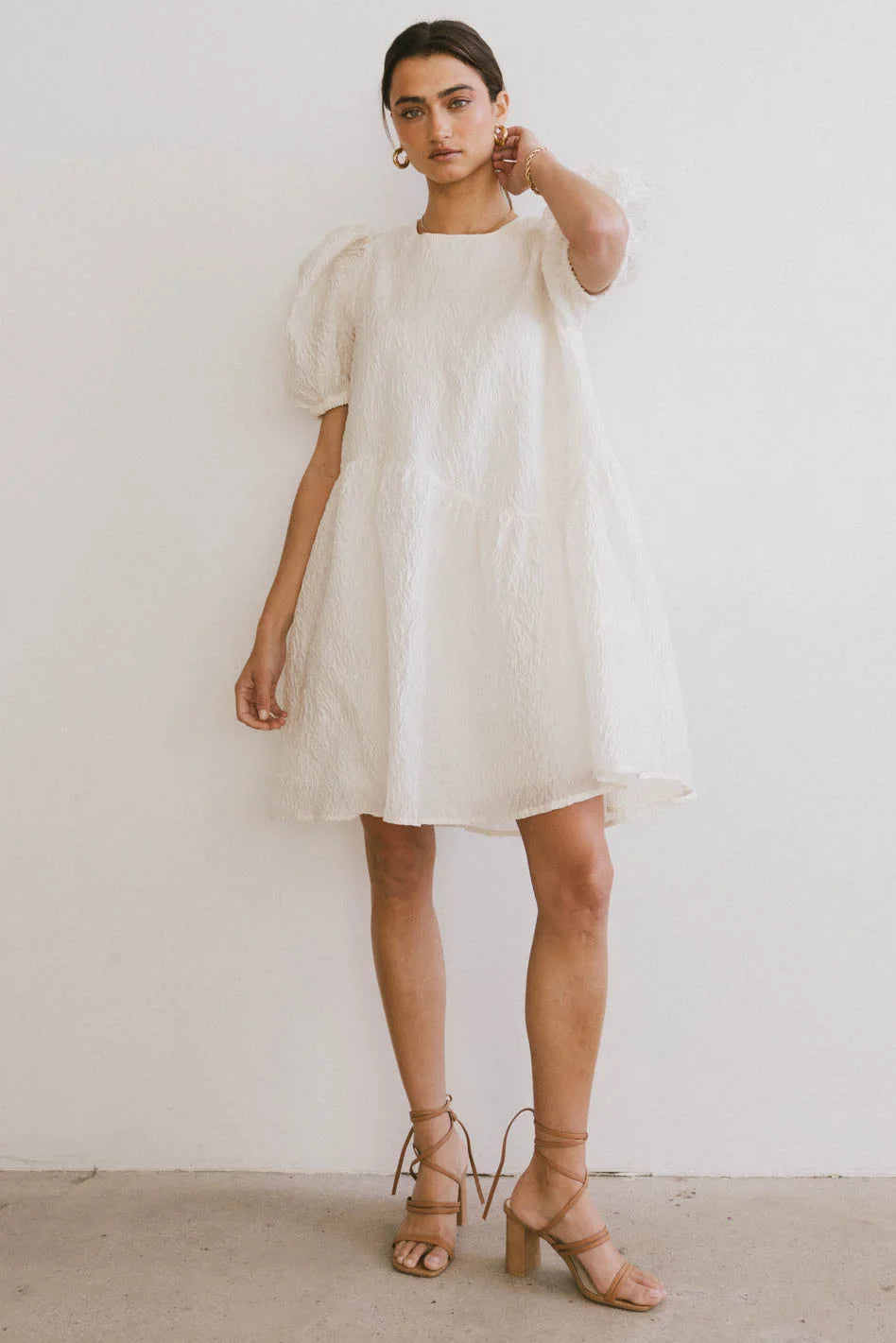 Maison Textured Mini Dress in White Comfortable Linen Mini Dress