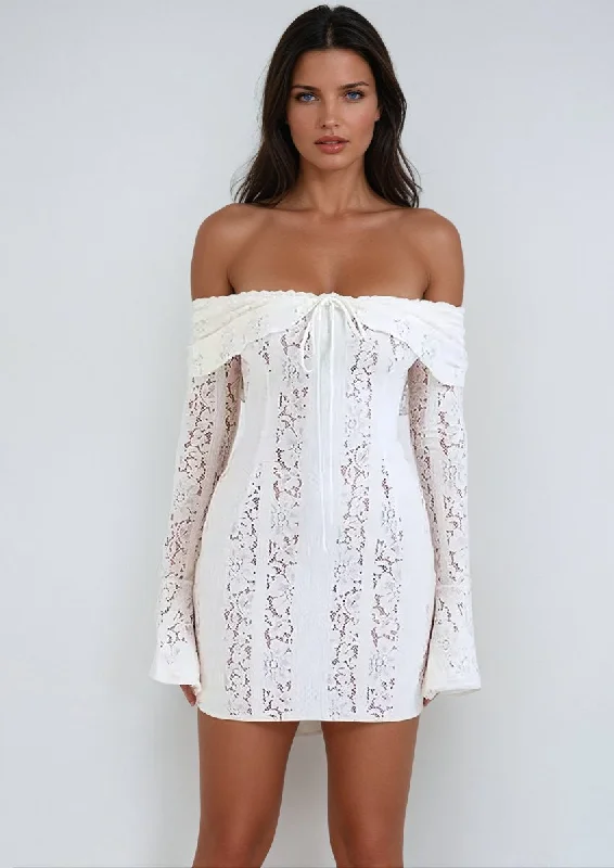 A&A Long Sleeve Off Shoulder Floral lace Mini Dress Fashionable Mini Dress with Frills