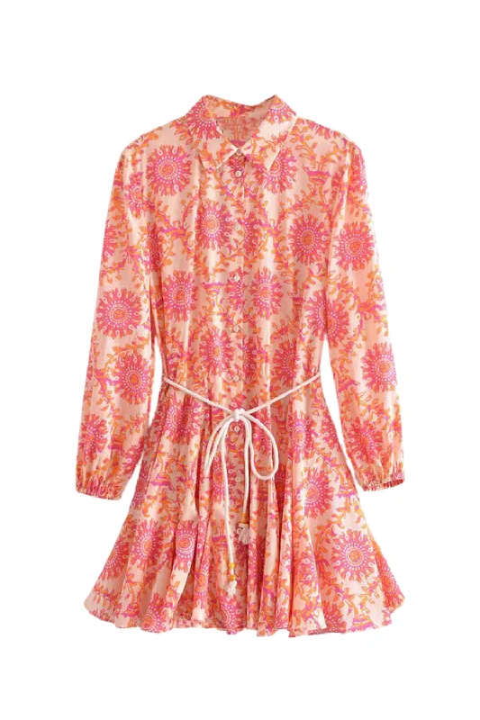 'Miriam' Long Sleeved Printed Collared Mini Dress Comfortable Smocked Mini Dress