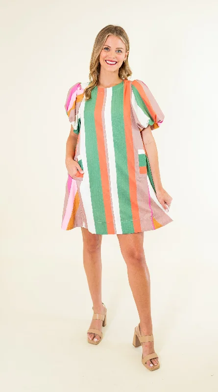 Multicolor Stripe Bubble Sleeve Dress